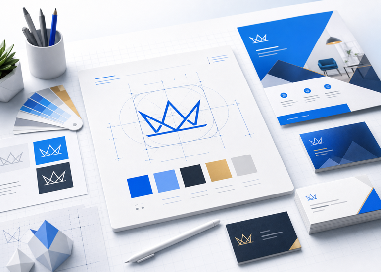 Grafikdesign-Arbeitsfläche mit Flyer, Logo und Visitenkarte